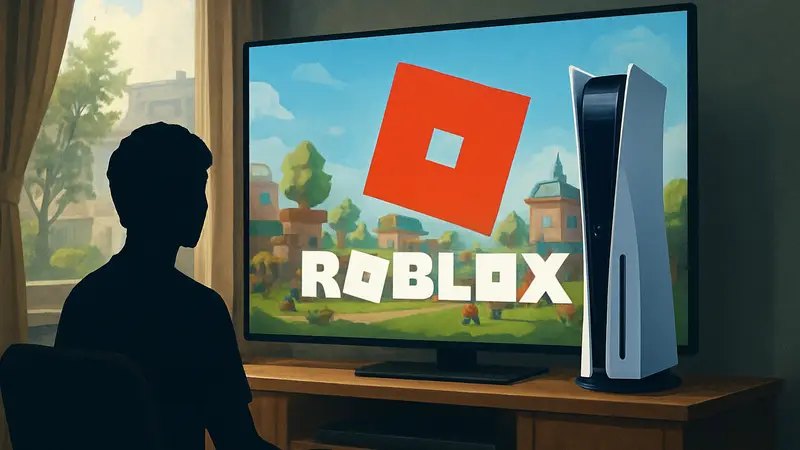 Логотип Roblox на экране PlayStation 5, символизирующий улучшенную производительность