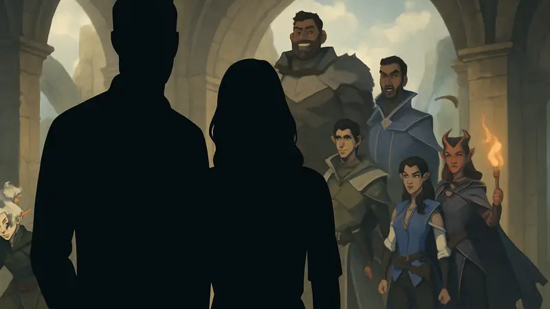 Трэвис Уиллингем и Лора Бэйли из Critical Role рядом с персонажами The Legend of Vox Machina.
