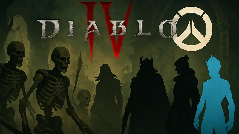 Логотип Diablo 4, скелеты, темные персонажи, символы Overwatch