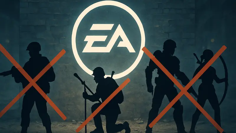 Логотип EA и перечеркнутые иконки игр, символизирующие закрытие проектов