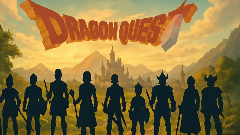 Все герои из разных частей серии Dragon Quest стоят вместе на фоне логотипа франшизы.