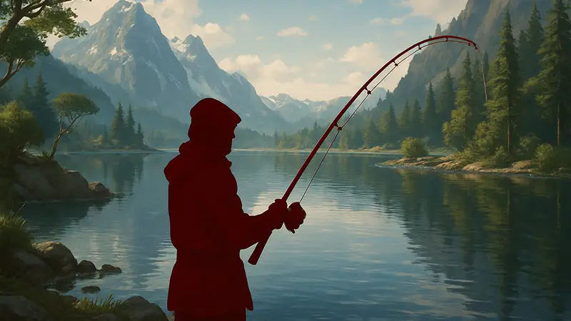 Игрок ловит рыбу в Crimson Desert на фоне живописного озера. Гайд по рыбалке.