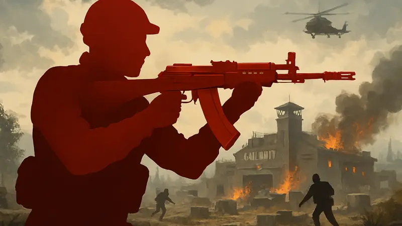 Игрок Call of Duty: Black Ops 7 с автоматом AN-94 в руках на фоне боевой зоны сражения.