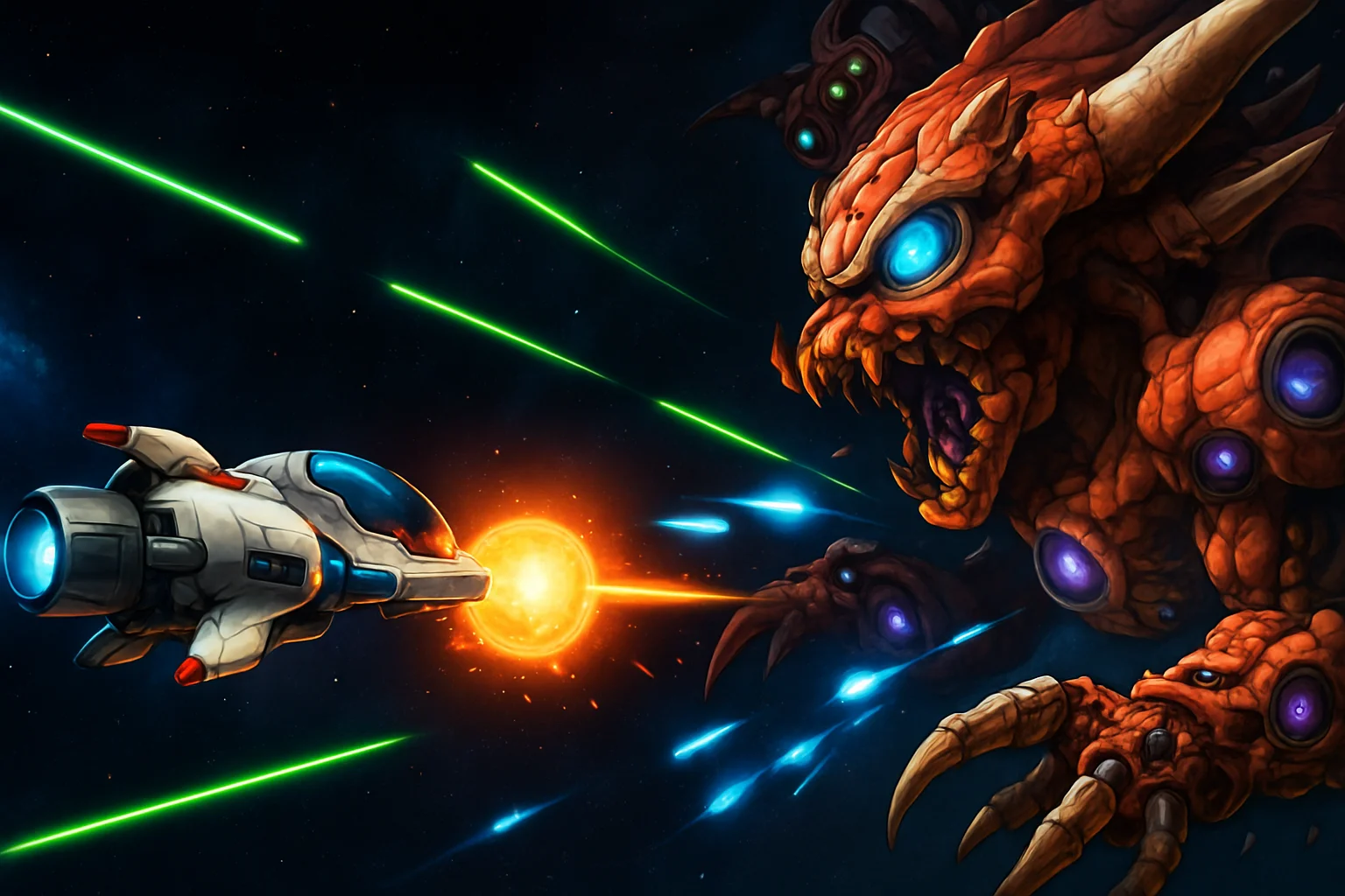 На изображении кадр из второго трейлера игры R-Type Dimension III, демонстрирующий космический бой.
