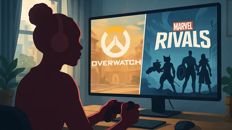 Doja Cat играет в Overwatch или Marvel Rivals, или изображение логотипов обеих игр