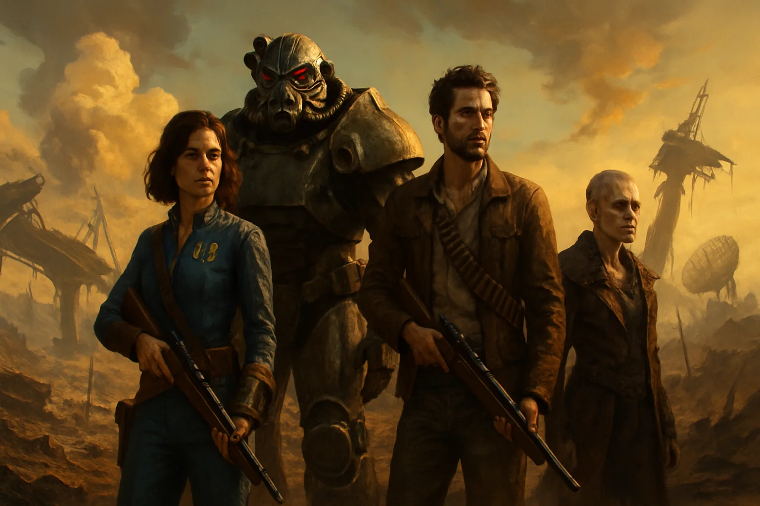 Главные герои сериала Fallout на фоне постапокалиптического пейзажа, символизирующие второй сезон.