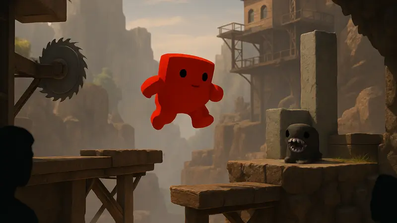 Скриншот Super Meat Boy 3D, демонстрирующий геймплей трёхмерного платформера.