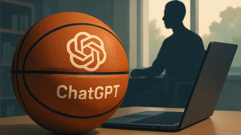 Баскетбольный мяч с логотипом ChatGPT или OpenAI, лежащий рядом с ноутбуком, символизирующий необычный продукт.