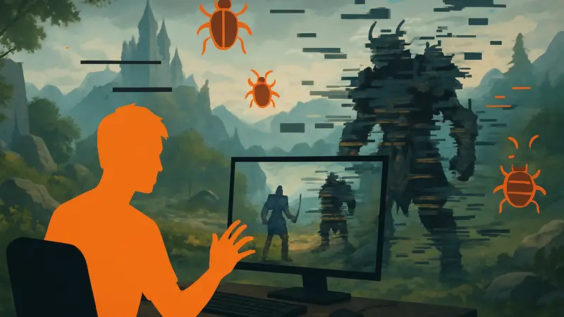 Изображение игрока, сталкивающегося с ошибкой в MMO-игре, с символическими багами или глитчами вокруг.