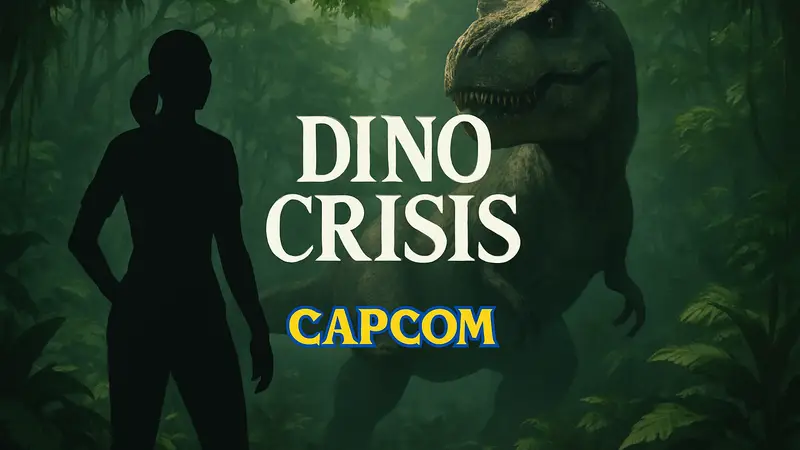 Логотип Dino Crisis на фоне джунглей и динозавра, логотип Capcom
