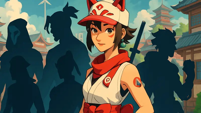 Изображение нового героя Кирико из Overwatch на фоне других персонажей, нарисованное в стиле J-pop.