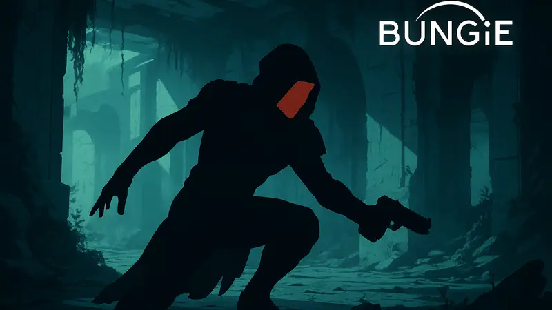 Персонаж Ассасин из игры Marathon в боевой стойке, окруженный тенью, логотип Bungie.