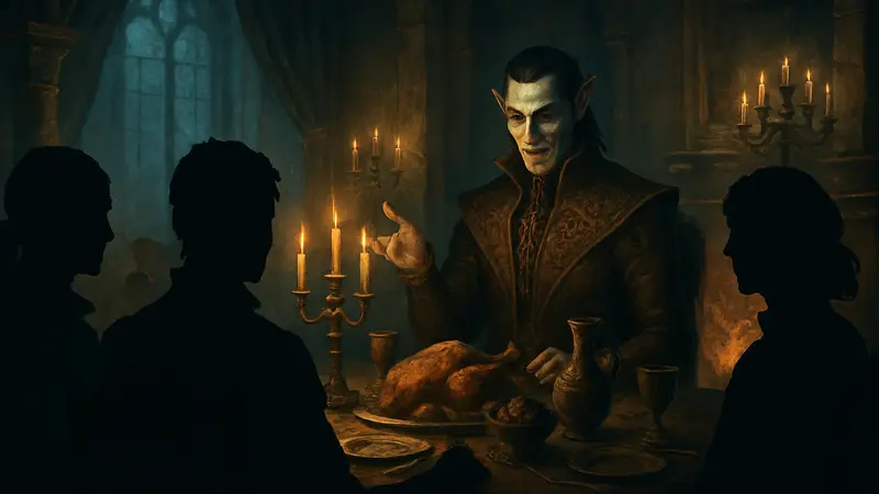 Скриншот Baldur's Gate 3: герои за столом с графом в таинственном особняке.