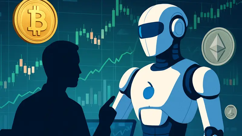 Иллюстрация ИИ-агента Coinbase, цифровые графики и криптовалюты.