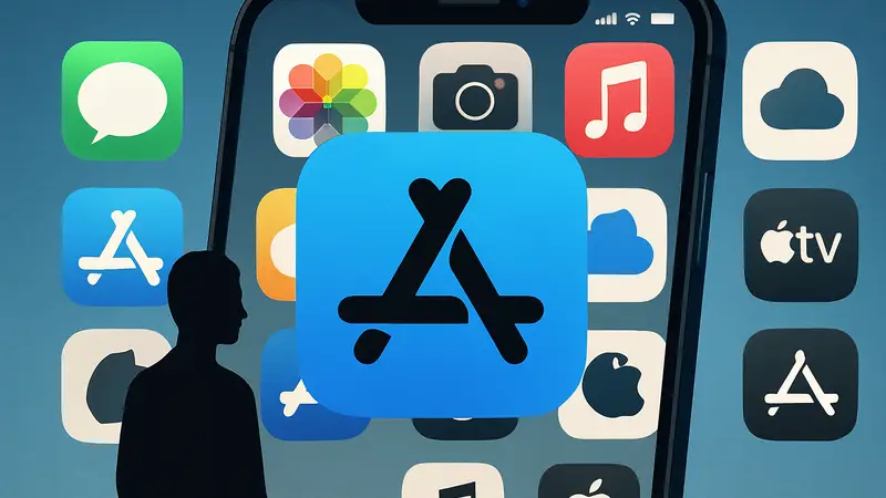 Логотип App Store на фоне интерфейса iPhone с различными приложениями и иконками подписок Apple