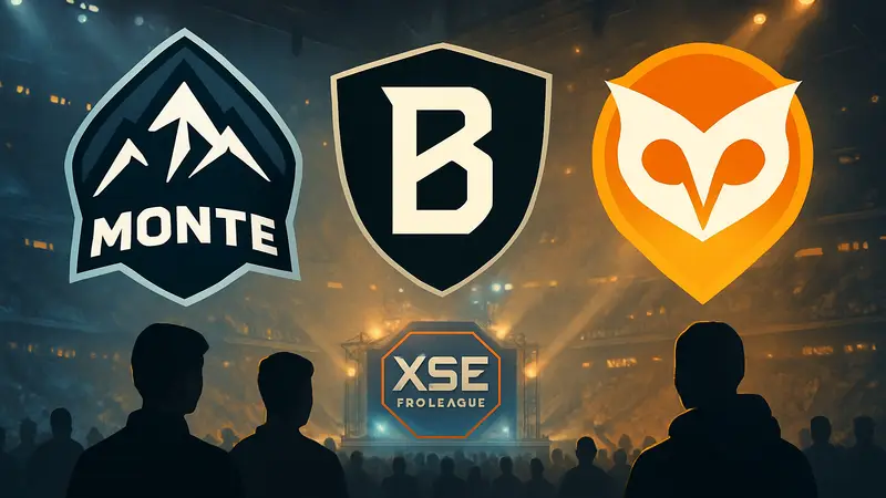 Логотипы киберспортивных команд Monte, B8 и PARIVISION на фоне турнира XSE Pro League.