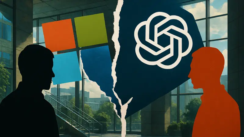 Логотипы Microsoft и OpenAI, символизирующие расторжение соглашения об искусственном общем интеллекте AGI.