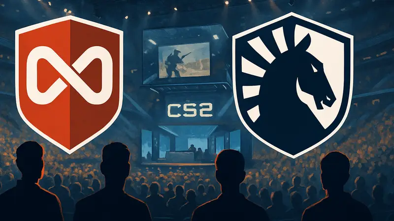 Логотипы киберспортивных команд M80 и Team Liquid на фоне турнира по CS2