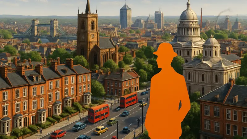 Игровой скриншот из SimCity 4, демонстрирующий городской пейзаж, напоминающий британский город