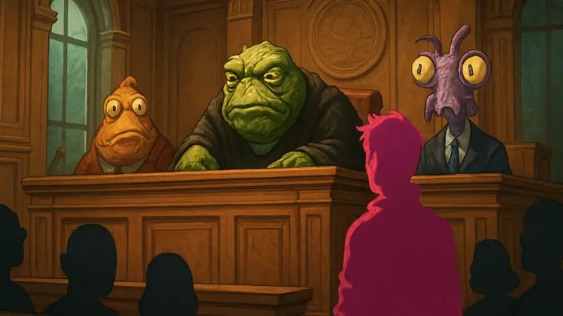 Персонажи из High on Life в зале суда, инопланетяне и главный герой.