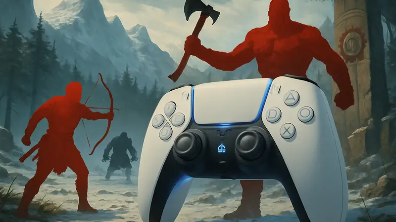 Контроллер DualSense PlayStation 5 в игре God of War Sons of Sparta, с элементами геймплея.
