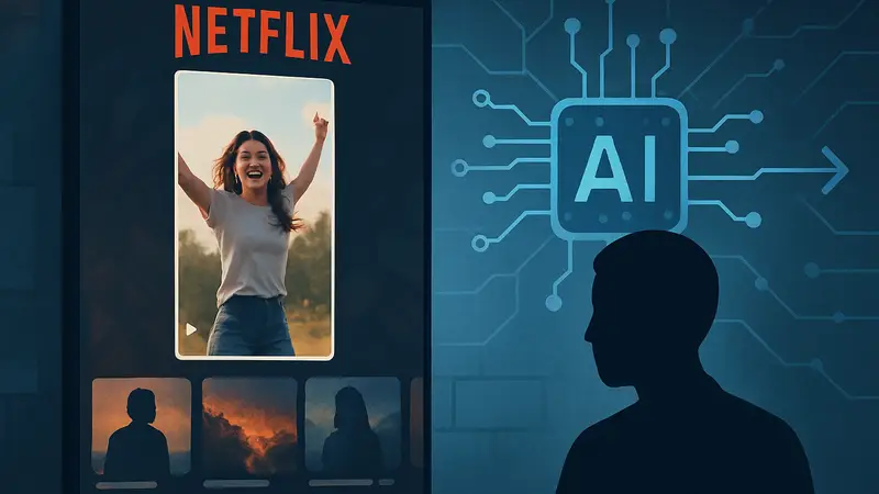Интерфейс Netflix с вертикальным видео, символ ИИ, алгоритмы рекомендаций