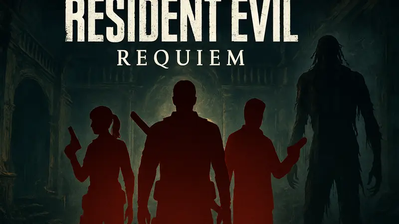 Обложка Resident Evil Requiem DLC с логотипом игры и ключевыми персонажами, демонстрирующая атмосферу ужаса.