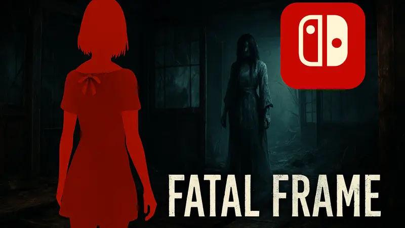 Обложка игры Fatal Frame с персонажем в мрачной обстановке, на фоне логотип Nintendo Switch