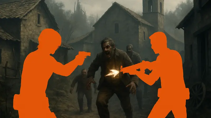Два игрока Resident Evil 4 Remake сражаются с зомби в кооперативном режиме, демонстрируя совместное прохождение.