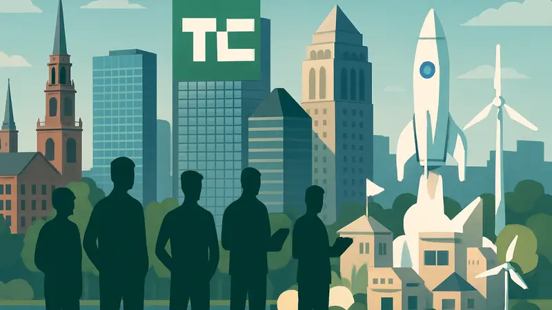 Логотип TechCrunch Founder Summit 2026 в Бостоне с изображением зданий города и стартапов.