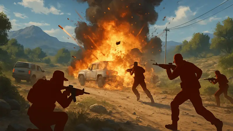 Кадр из игры Ghost Recon Wildlands, показывающий перестрелку и взрывы в открытом мире
