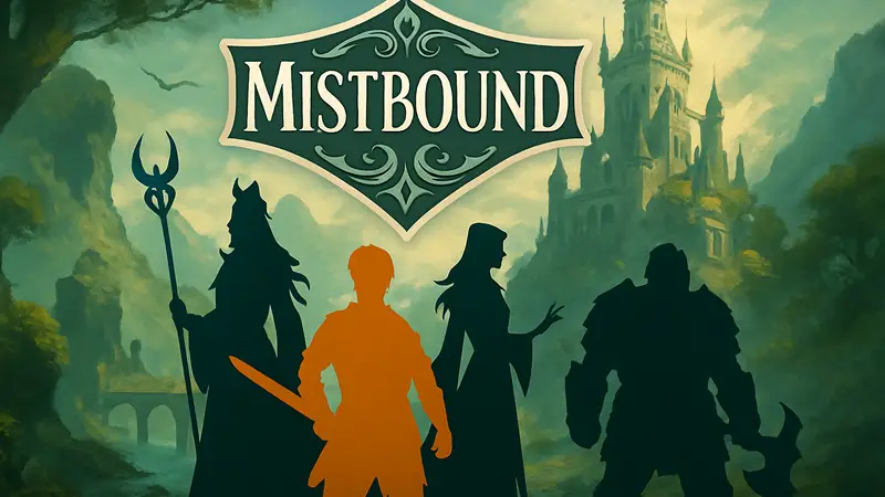 Обложка карточной игры Mistbound по вселенной Guild Wars с персонажами и логотипом
