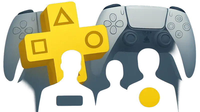 Логотип PlayStation Plus на фоне игровых контроллеров DualSense с символами Extra и Premium.
