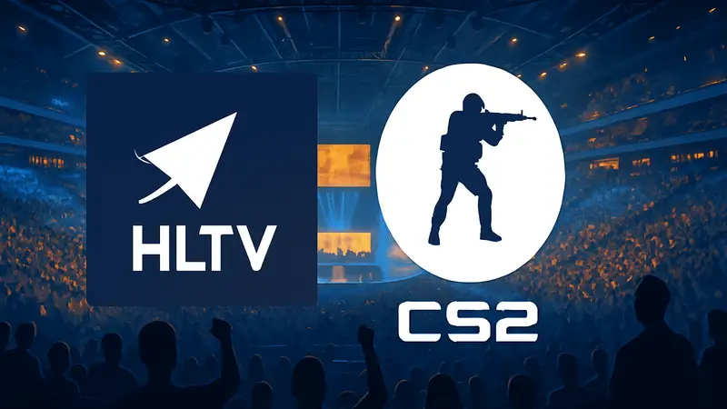 Логотип HLTV и символика Counter-Strike 2 на фоне динамичного киберспортивного турнира