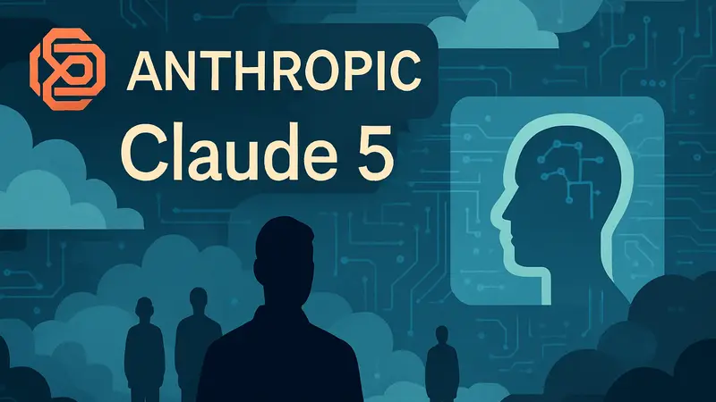 Изображение логотипа Anthropic и надписи "Claude Fable 5" на фоне облачных вычислений и технологий ИИ.