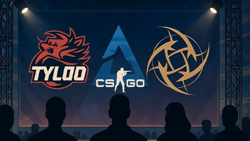 Логотипы киберспортивных команд TYLOO и NIP на фоне баннера BLAST Open Rotterdam с символикой CS:GO.