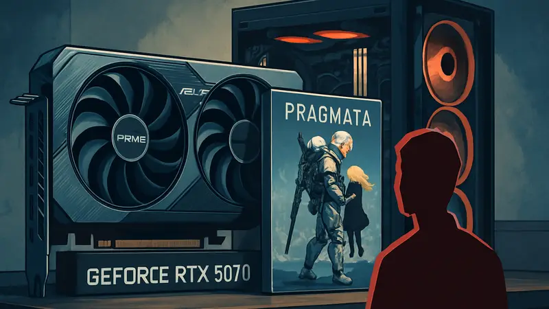 Видеокарта Asus Prime RTX 5070 с игрой Pragmata на фоне игрового компьютера, демонстрирующая выгодную сделку.