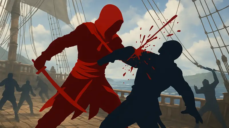 Игрок Assassin's Creed Black Flag Remake в бою на корабле, эффект крови