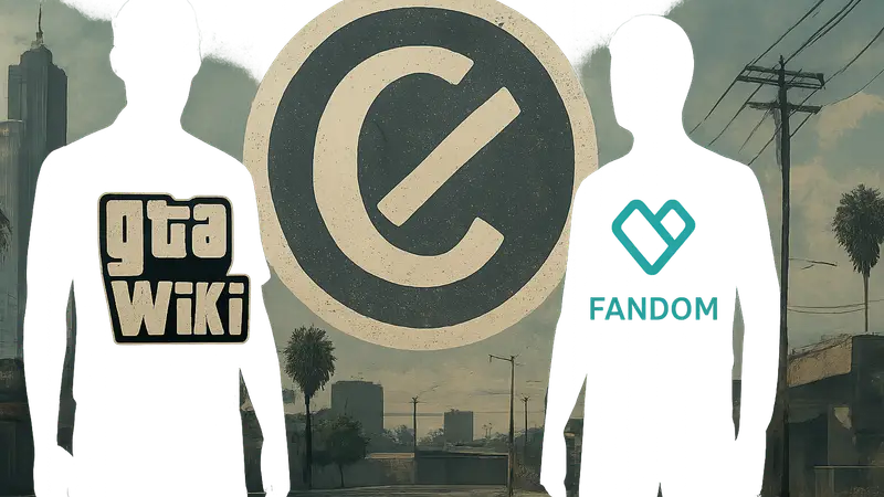 Логотипы GTA Wiki и Fandom на фоне значка плагиата