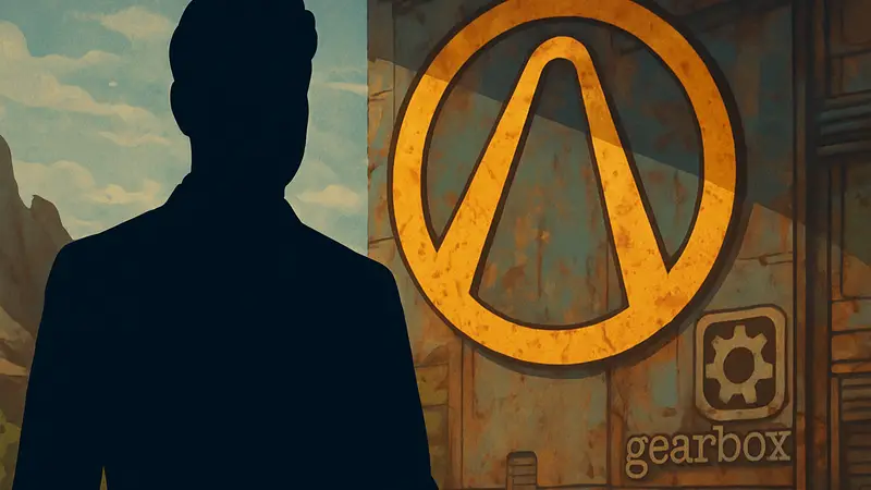 Рэнди Питчфорд, глава студии Gearbox, на фоне логотипа Borderlands.
