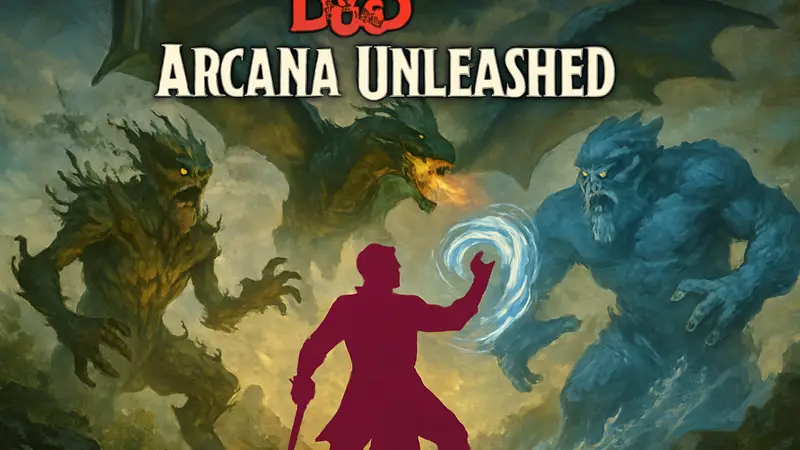 Обложка книги Arcana Unleashed для Dungeons & Dragons с изображением магических существ и заклинаний.