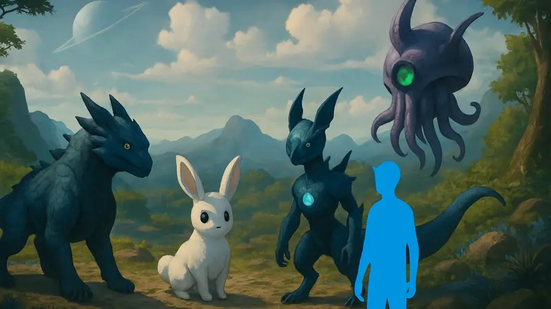 Скриншот из игры Voidling Bound с фантастическими существами, похожими на покемонов