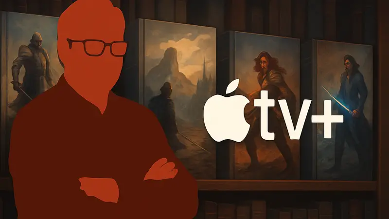 Брендон Сандерсон и логотип Apple TV+ на фоне книг из вселенной «Космер»