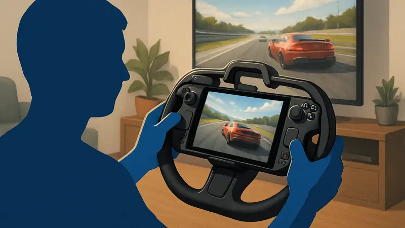 Steam Deck, закрепленный в специальном устройстве GyroDrive, имитирующем гоночный руль, руки пользователя держат конструкцию.