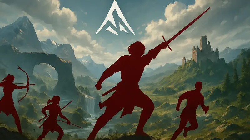 Логотип Crimson Desert на фоне эпичных пейзажей игры с героями в динамике