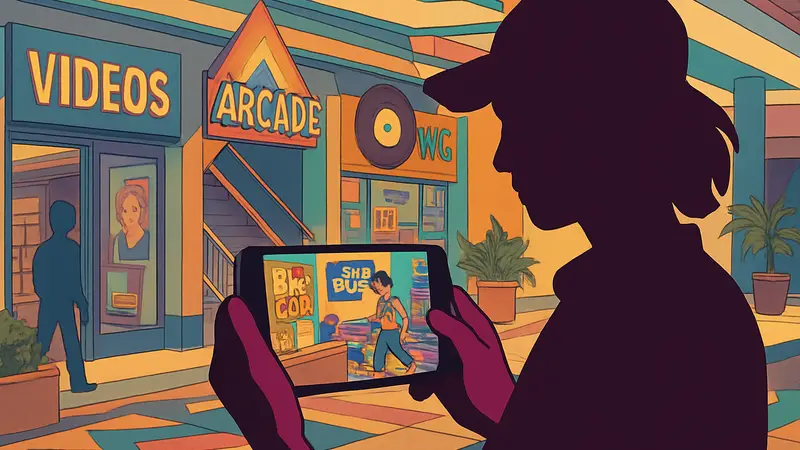 Главный персонаж игры The Big Con на фоне стилистики 90-х, демонстрирующий мобильный геймплей.