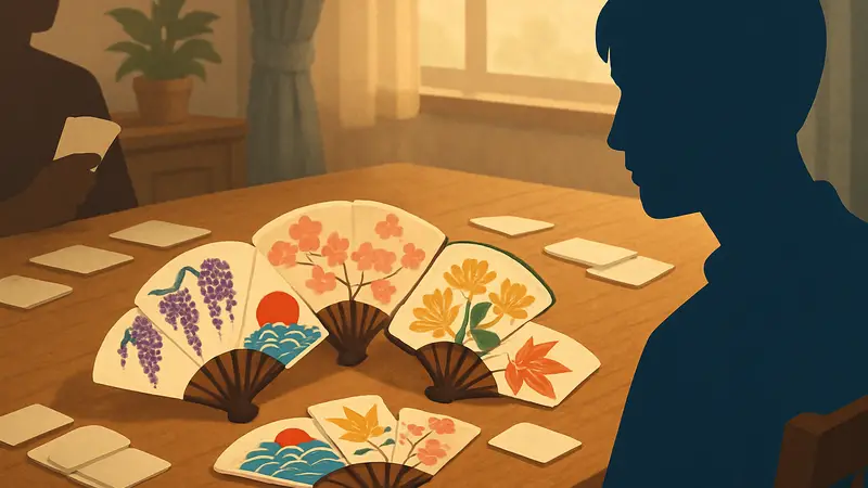 Красивые японские веера, собранные из карт игры Sensu, на игровом столе.