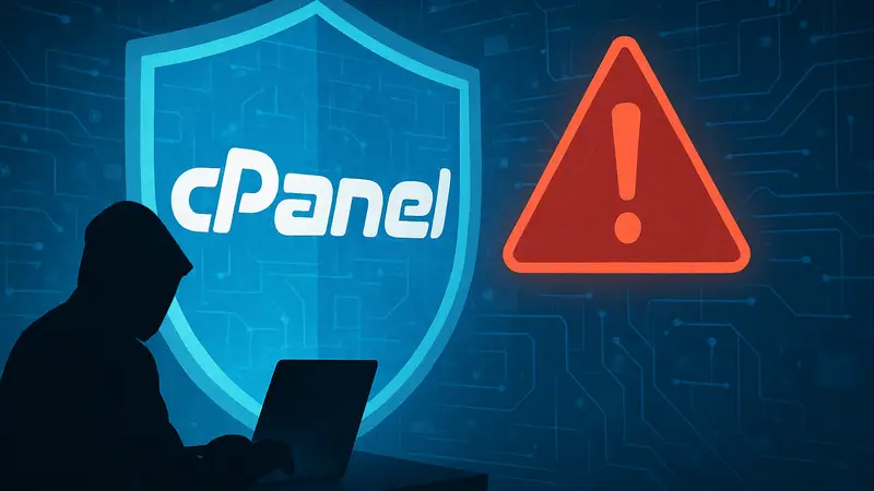 Логотип cPanel на фоне защитного экрана или предупреждающего знака, кибербезопасность
