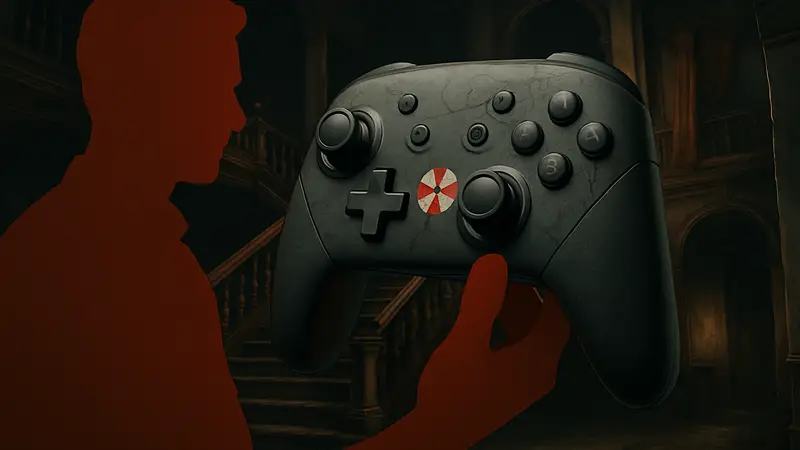 Крупный план эксклюзивного контроллера Nintendo Switch 2 в стиле Resident Evil.