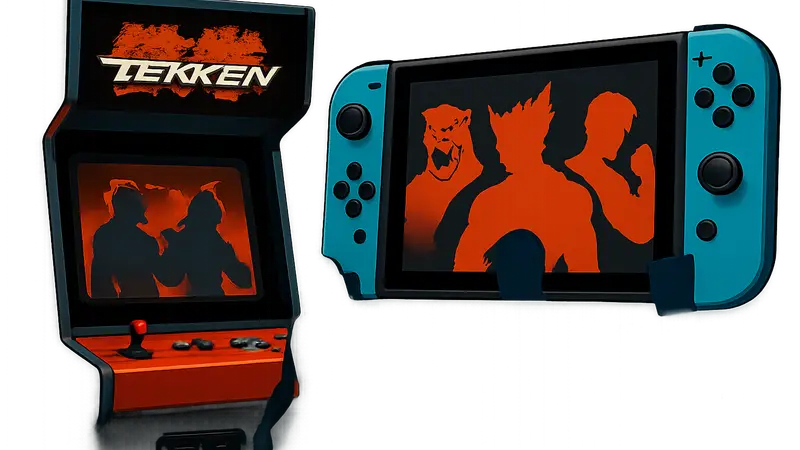 Логотип игры Tekken, аркадный автомат, персонажи Tekken на Switch 2